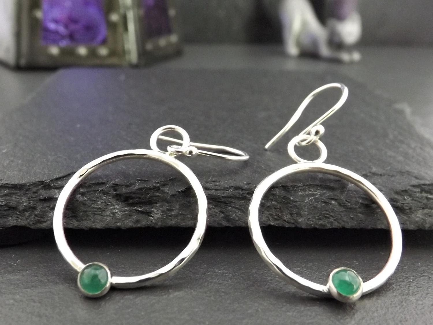 Emeralds On Hammered Silver Hoops Dangly Earrings